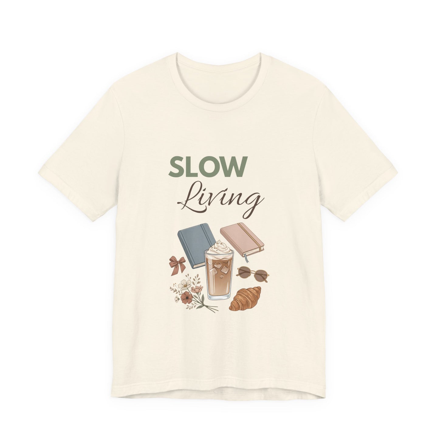 Natural colored t-shirt with 'Slow Living' text and illustrations on a white background