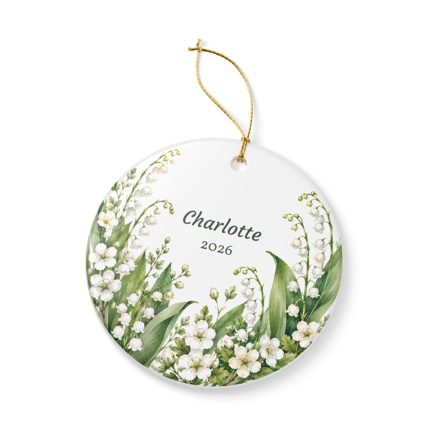 Personalized Lily of the Valley Ceramic Ornament — Custom Name & Year (e.g., Charlotte 2026)