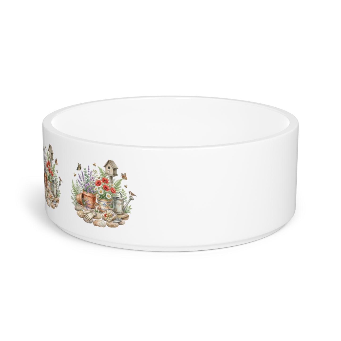 Ceramic Pet Bowl — Garden Watering Can & Birdhouse Floral Design