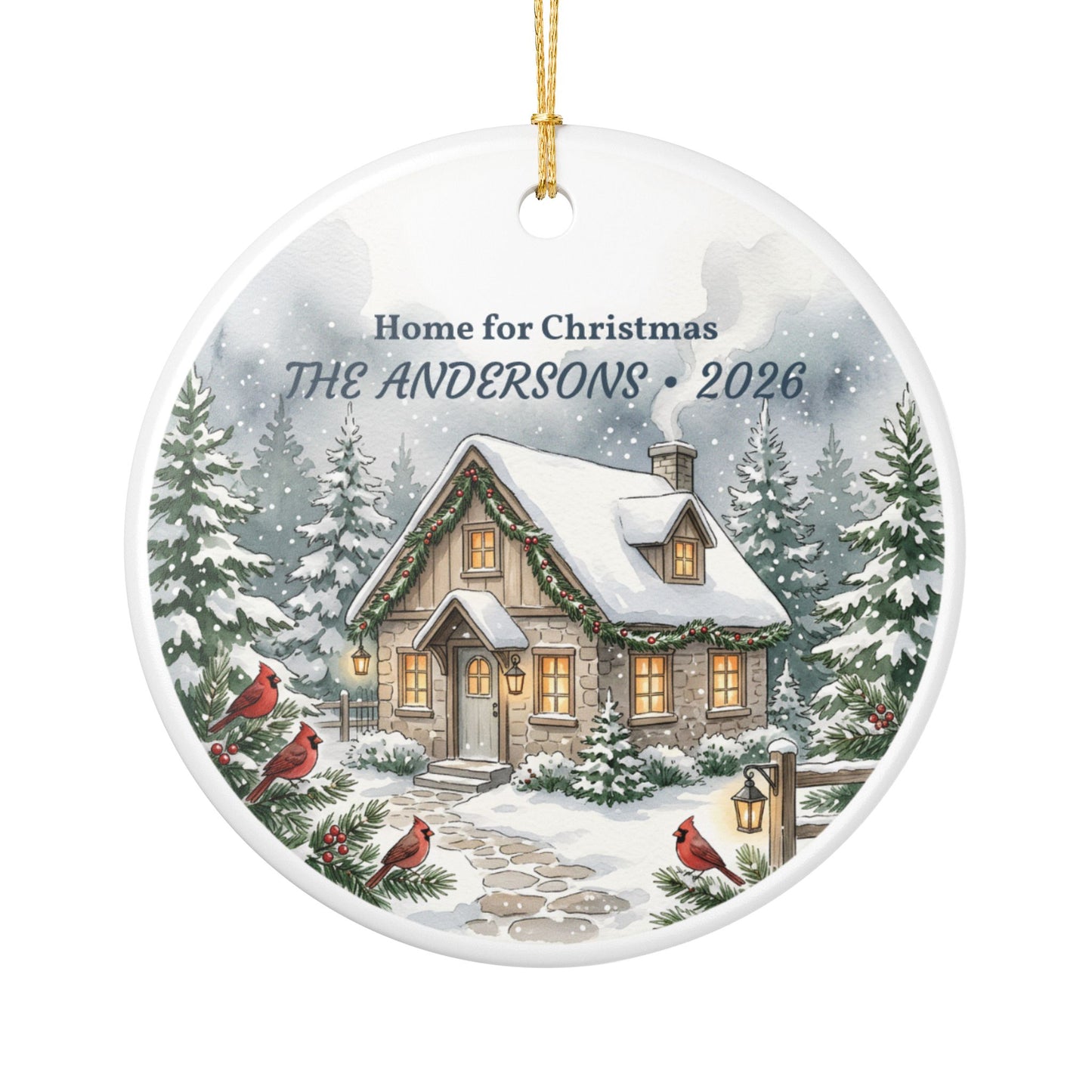 Personalized Ceramic Christmas Ornament - 'Home for Christmas' Snowy Cottage, Family Name & Year