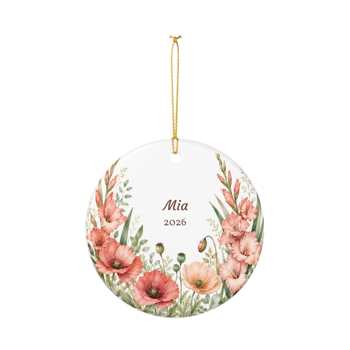 Floral Name & Year Ceramic Ornament — Personalized "Mia 2026"