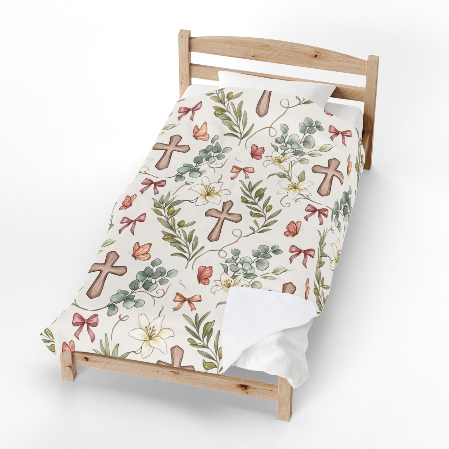 Religious Floral Cross Velveteen Plush Blanket — Soft Christian Comfort Throw