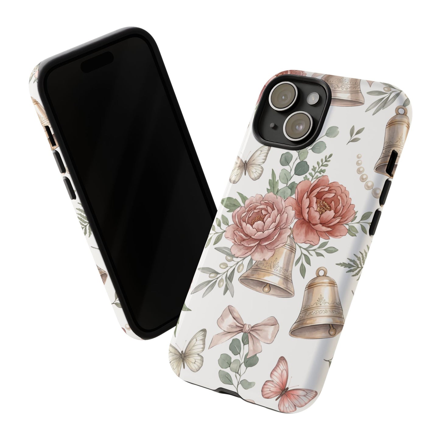 Floral Wedding Bells Phone Case — Vintage Roses, Butterflies & Bow Protective Tough Case