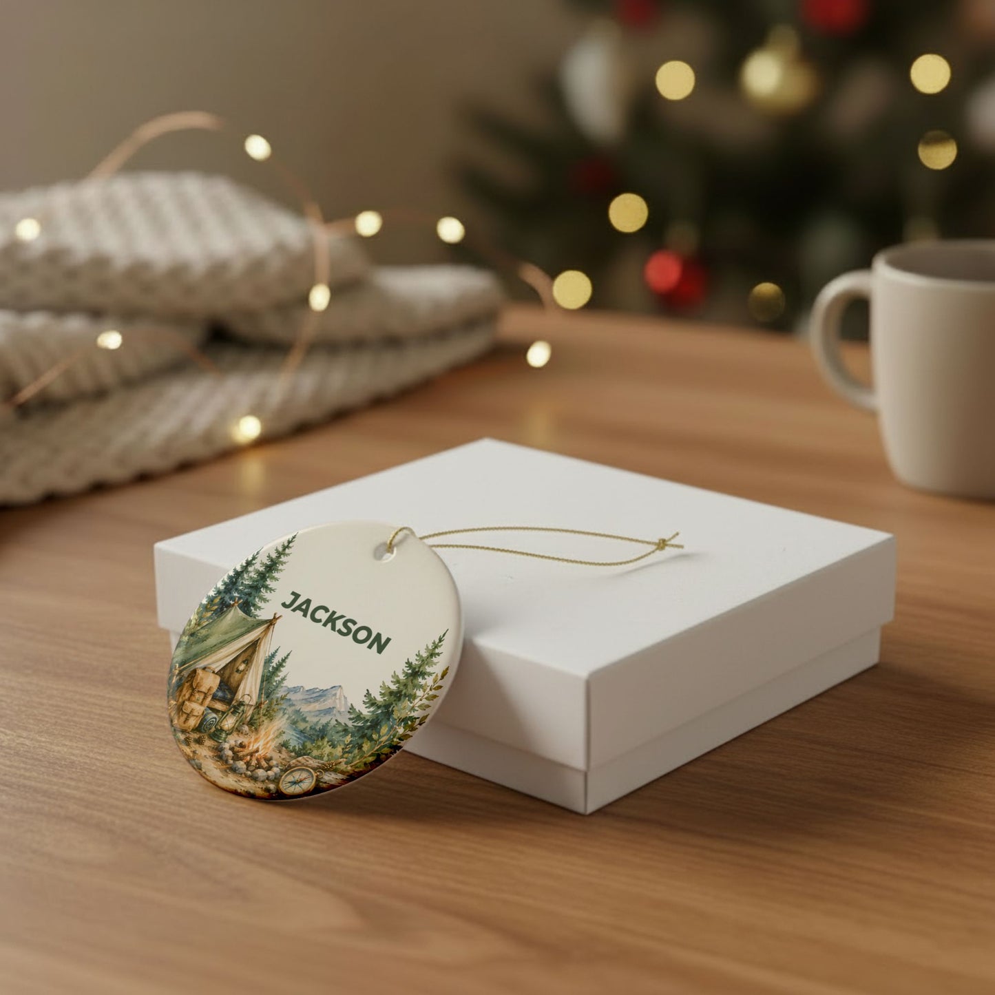 Personalized Camping Ornament — Custom Name Ceramic Holiday Decoration (Jackson)