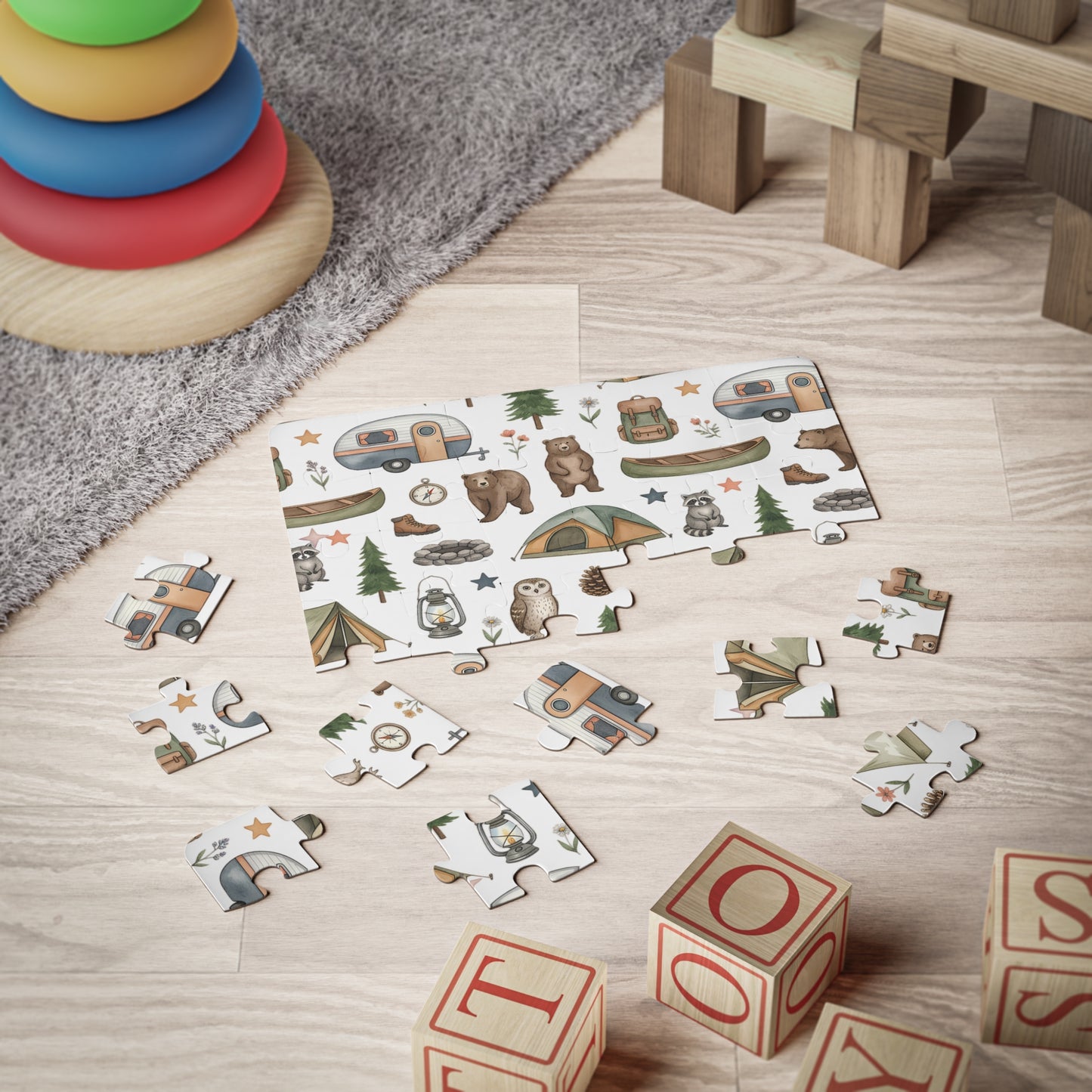 Camping Pattern Kids Puzzle — 30-Piece Toddler Jigsaw with Bears, Tents & Campers