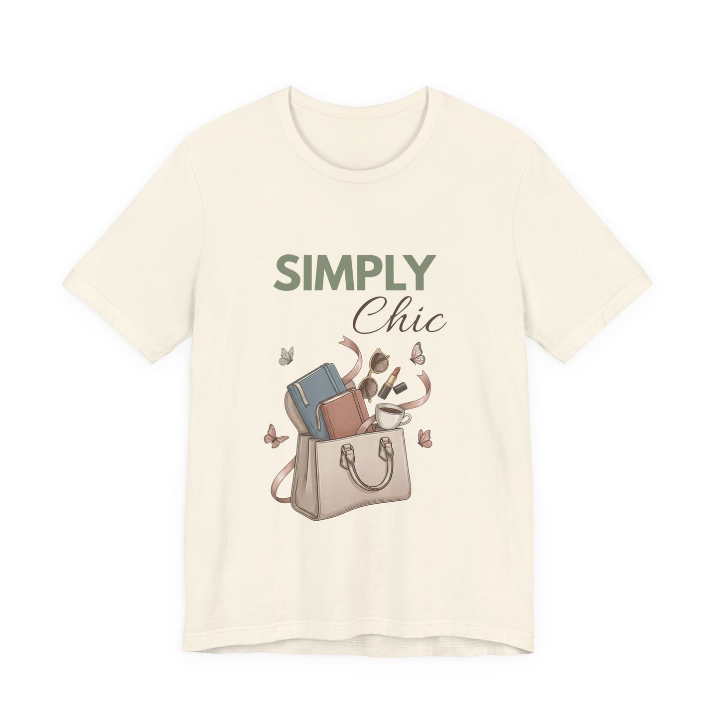 A natural colored t-shirt with 'SIMPLY Chic' on the front.