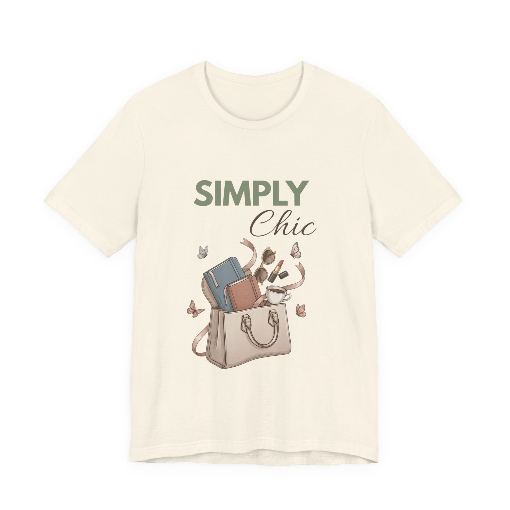A natural colored t-shirt with 'SIMPLY Chic' on the front.