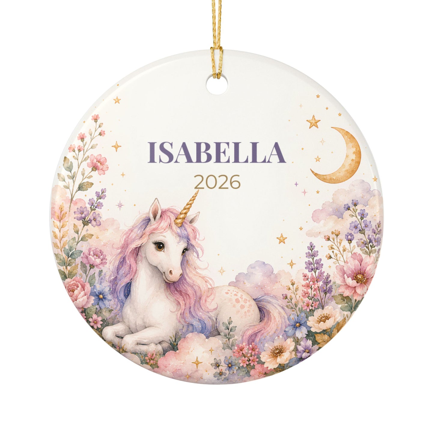 Personalized Unicorn Ceramic Ornament — Custom Name & Year (e.g., ISABELLA 2026)