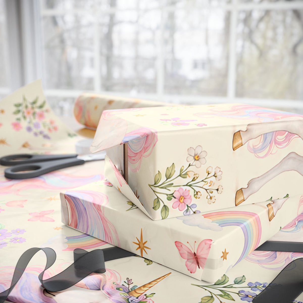 Unicorn Floral Wrapping Paper Roll — Pastel Rainbow Gift Wrap