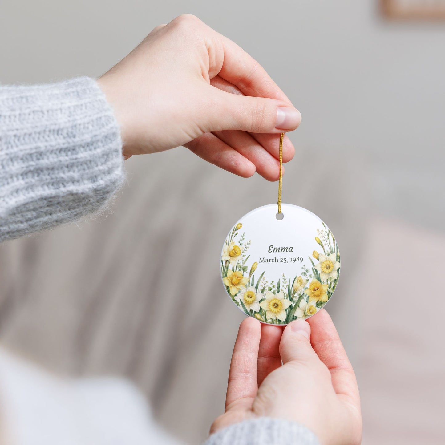 Personalized Daffodil Floral Ceramic Ornament — Name & Date Memorial Gift