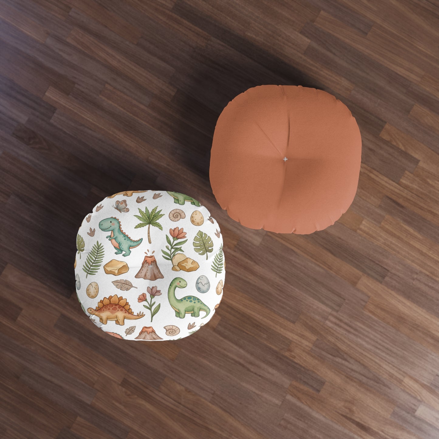 Round Tufted Floor Pillow — Cute Watercolor Dinosaur Pattern for Kids’ Room