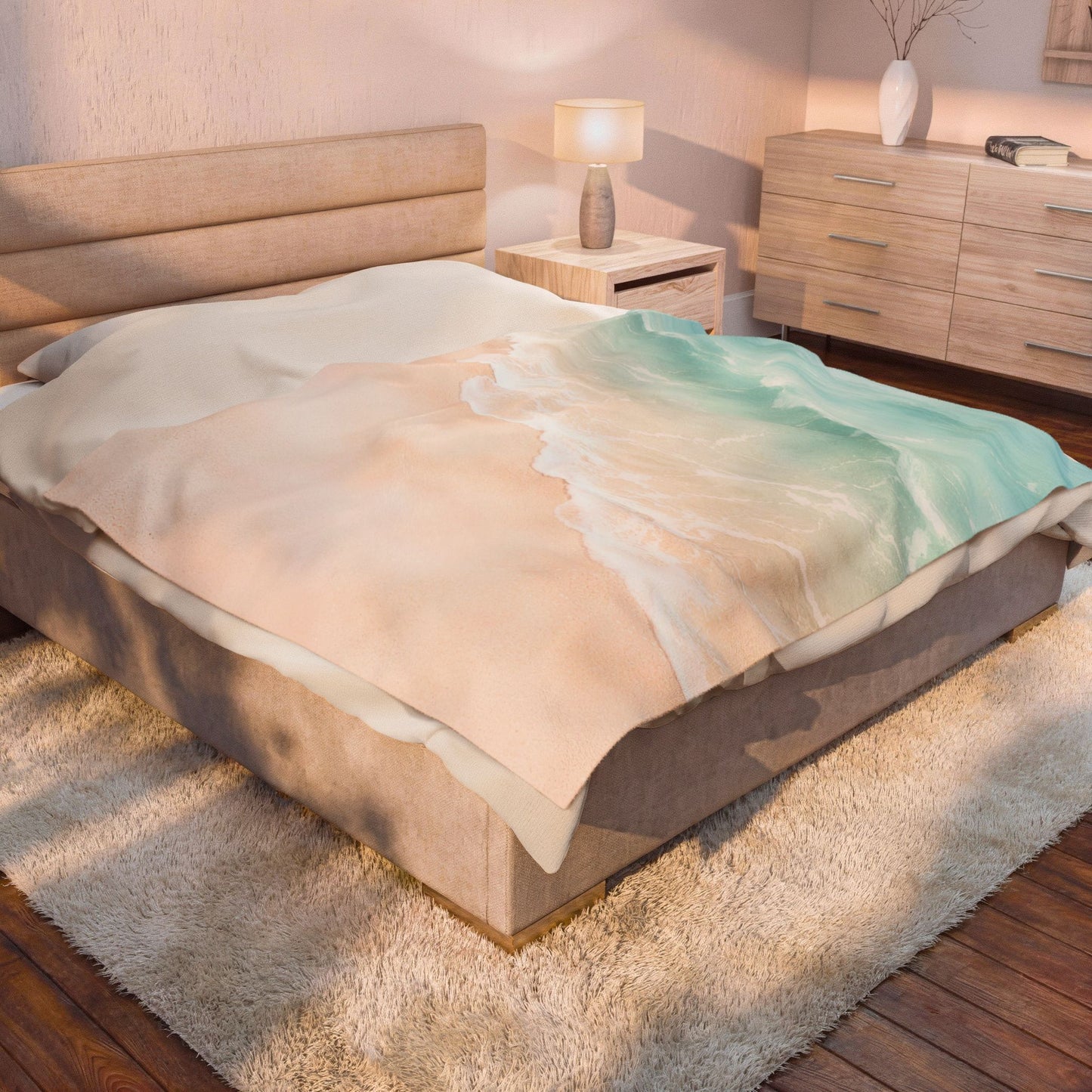 Beach Waves Velveteen Plush Blanket — Soft Pastel Ocean Shore Throw