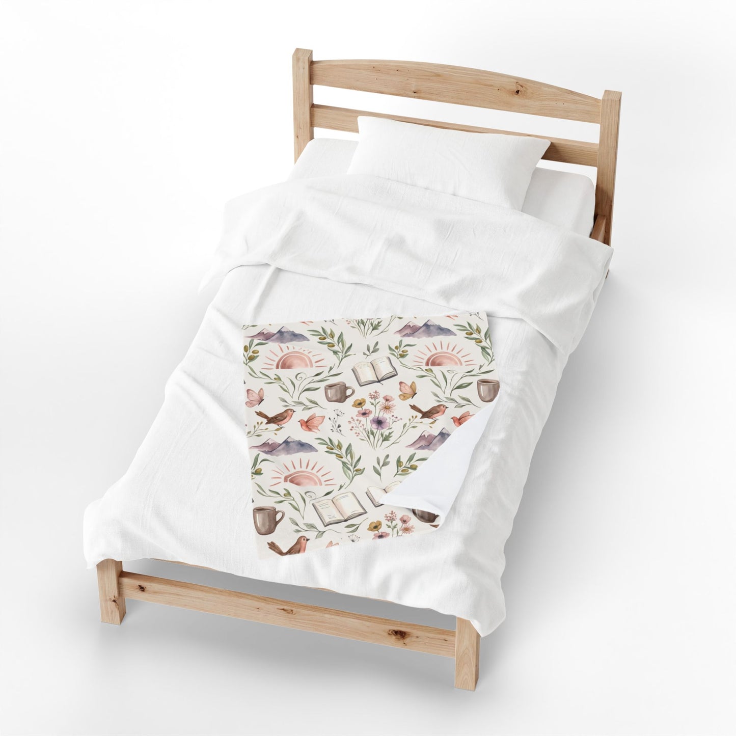 Cozy Bookish Floral Velvet Plush Blanket — Sun, Mountains & Tea Pattern