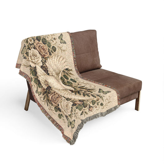 Dove Floral Woven Blanket — Decorative Throw for Living Room, Spiritual Comfort & Memorial Gift
