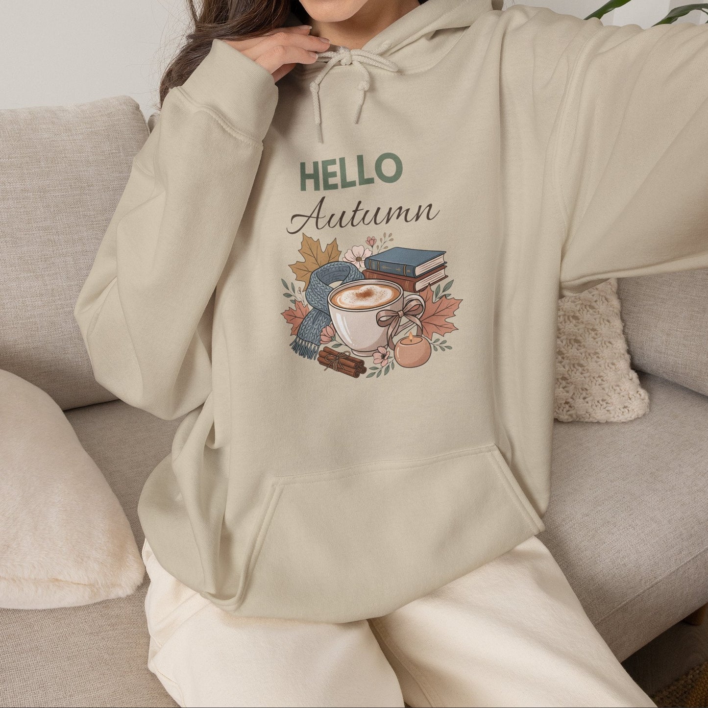 Hello Autumn Hoodie – Cozy Fall Coffee & Leaves Sweatshirt