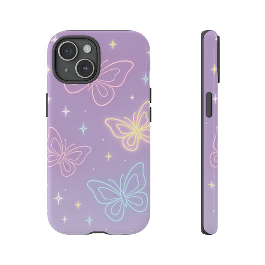 Pastel Butterfly Dream Phone Case – Purple Neon Glow with Stars