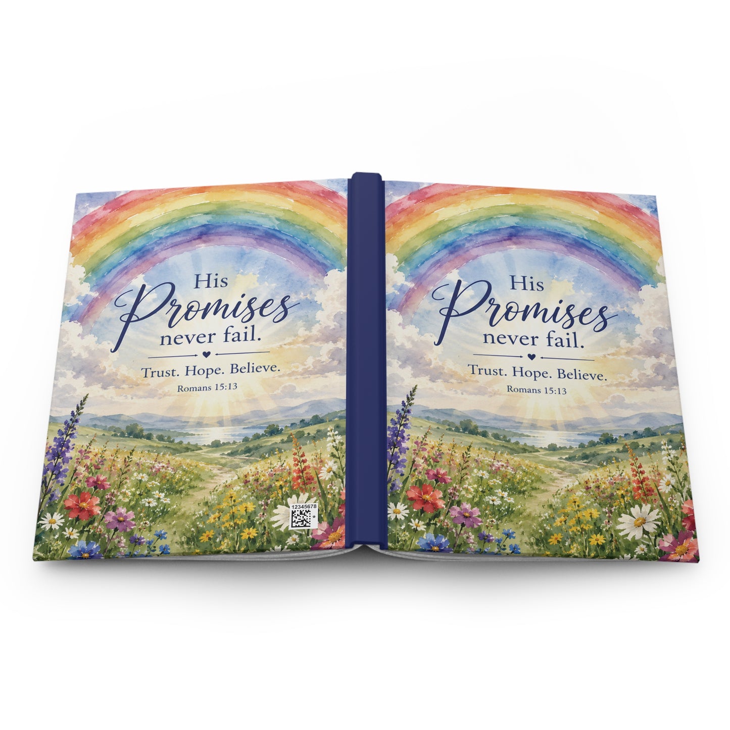 Inspirational Hardcover Journal — "His Promises Never Fail" Christian Rainbow Faith Notebook