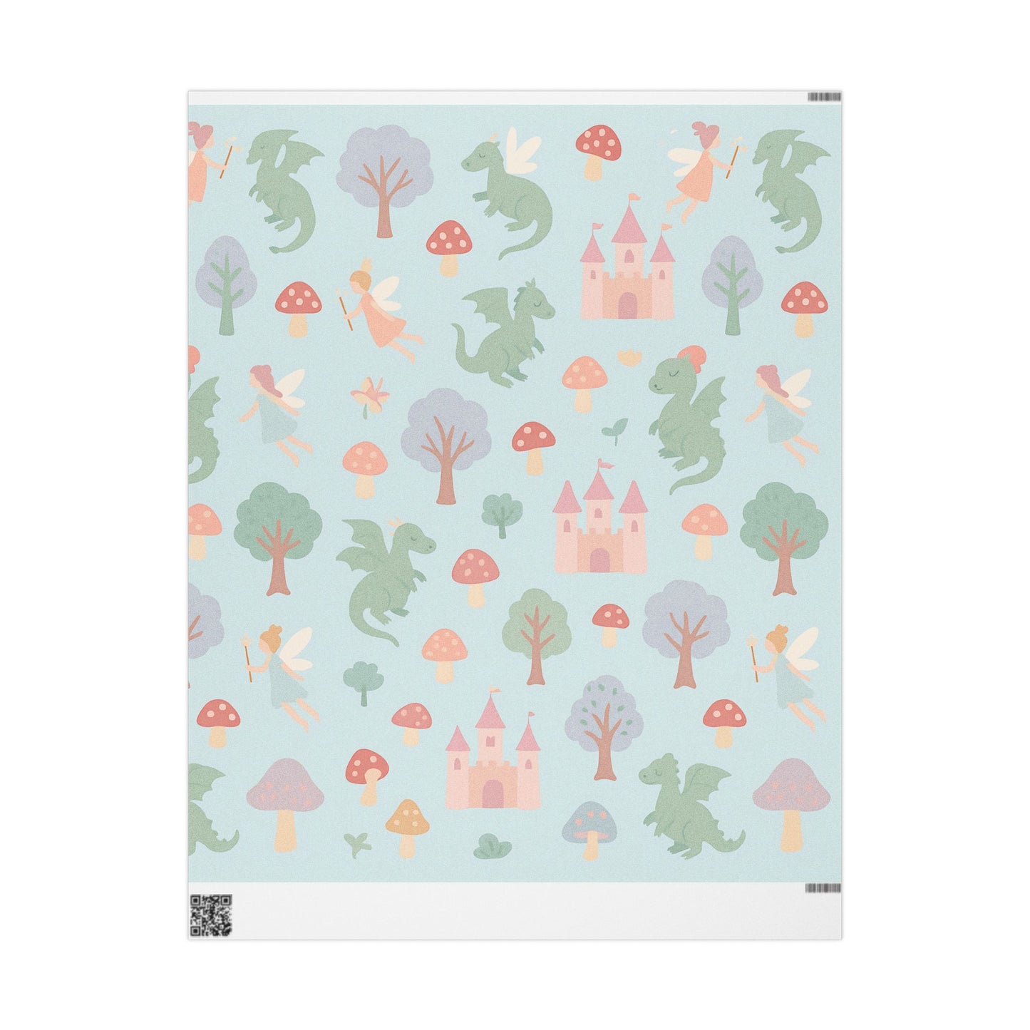 Whimsical Fairy Tale Wrapping Paper – Dragons, Fairies & Castles on Pastel Blue