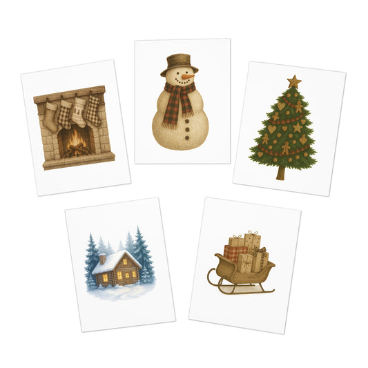 Rustic Christmas Greeting Card Set – 5 Blank Holiday Cards with Envelopes