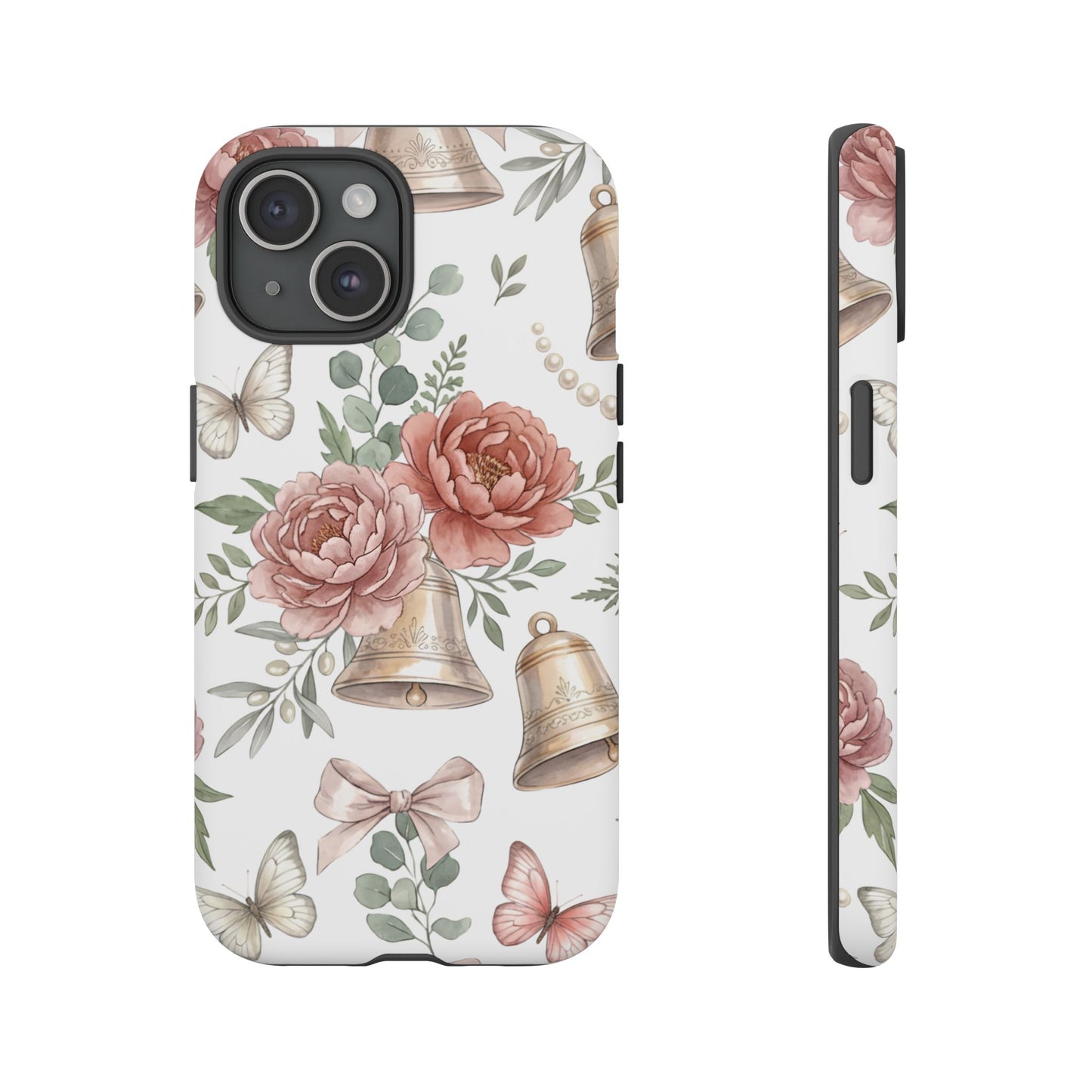 Floral Wedding Bells Phone Case — Vintage Roses, Butterflies & Bow Protective Tough Case