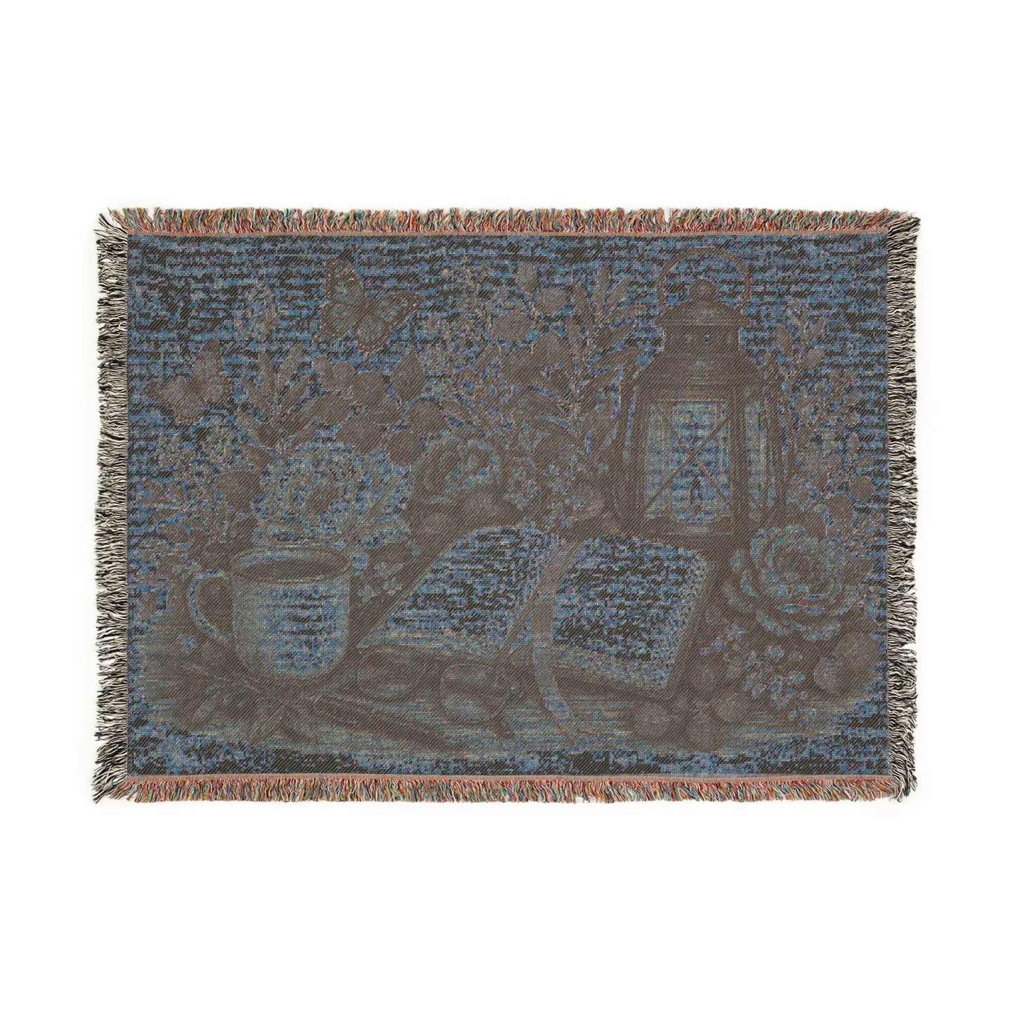 Cozy Reading Woven Throw Blanket — Lantern, Open Book & Floral Tapestry