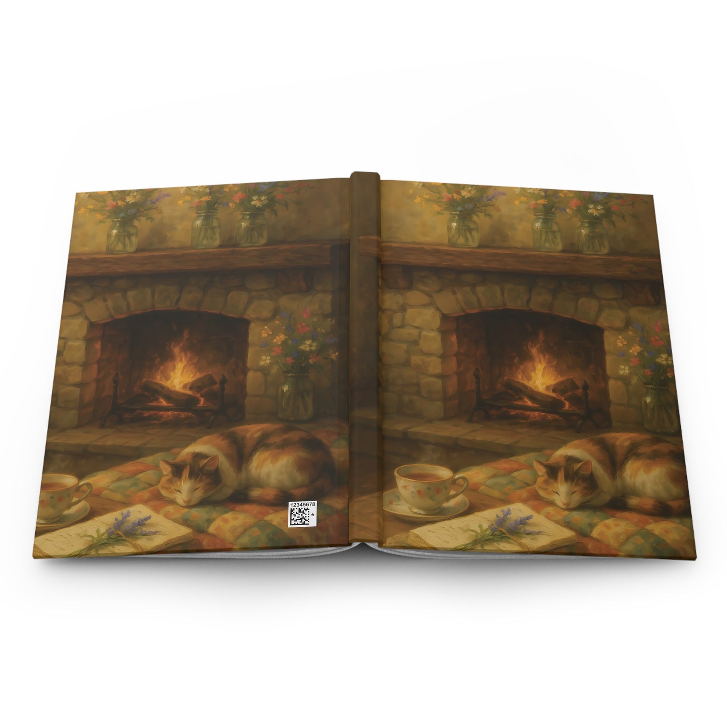 Cozy Hearth Journal – Cat, Fireplace & Tea Hardcover Notebook