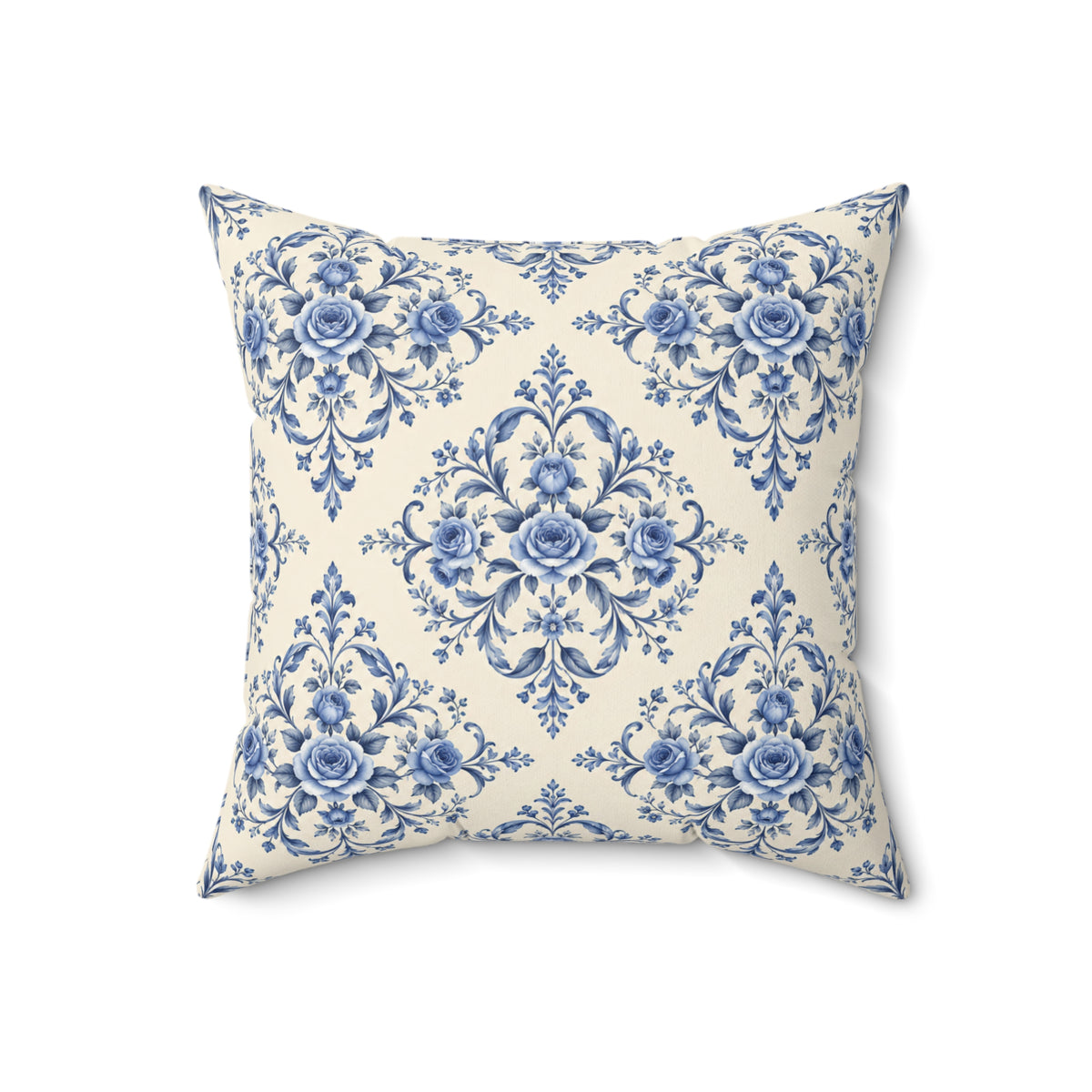 Blue Delft Floral Throw Pillow — Vintage Damask Square Accent Pillow