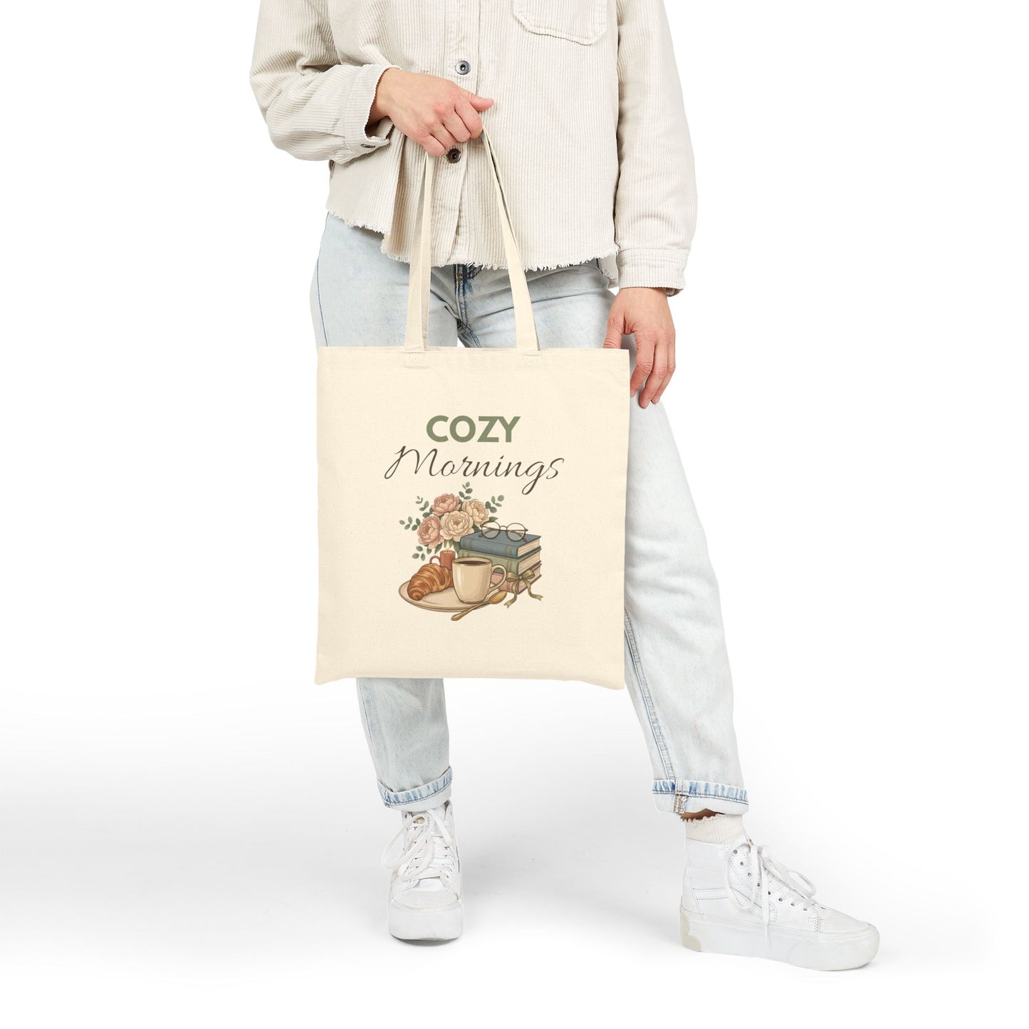 Tote Bag — “Cozy Mornings” Floral Coffee & Books Canvas Tote