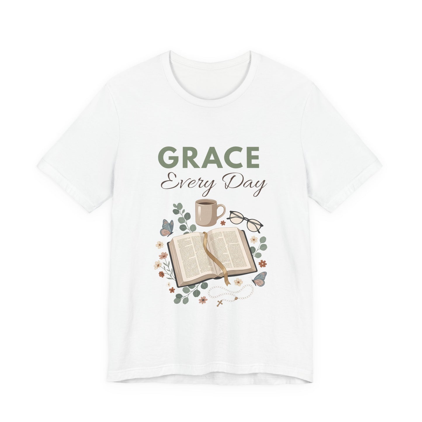 White t-shirt with 'Grace Every Day' design featuring a book, mug, and glasses on a white background