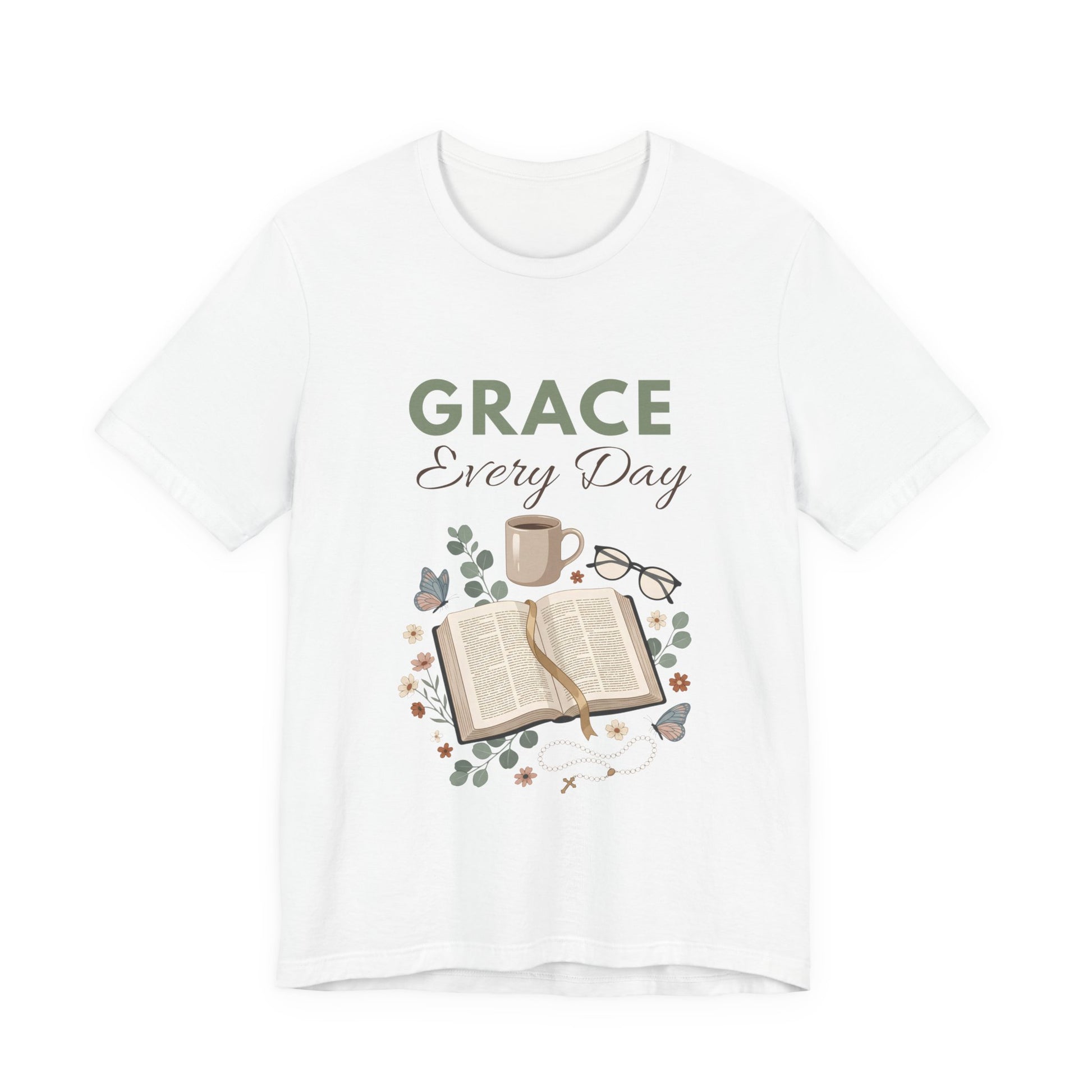 White t-shirt with 'Grace Every Day' design featuring a book, mug, and glasses on a white background