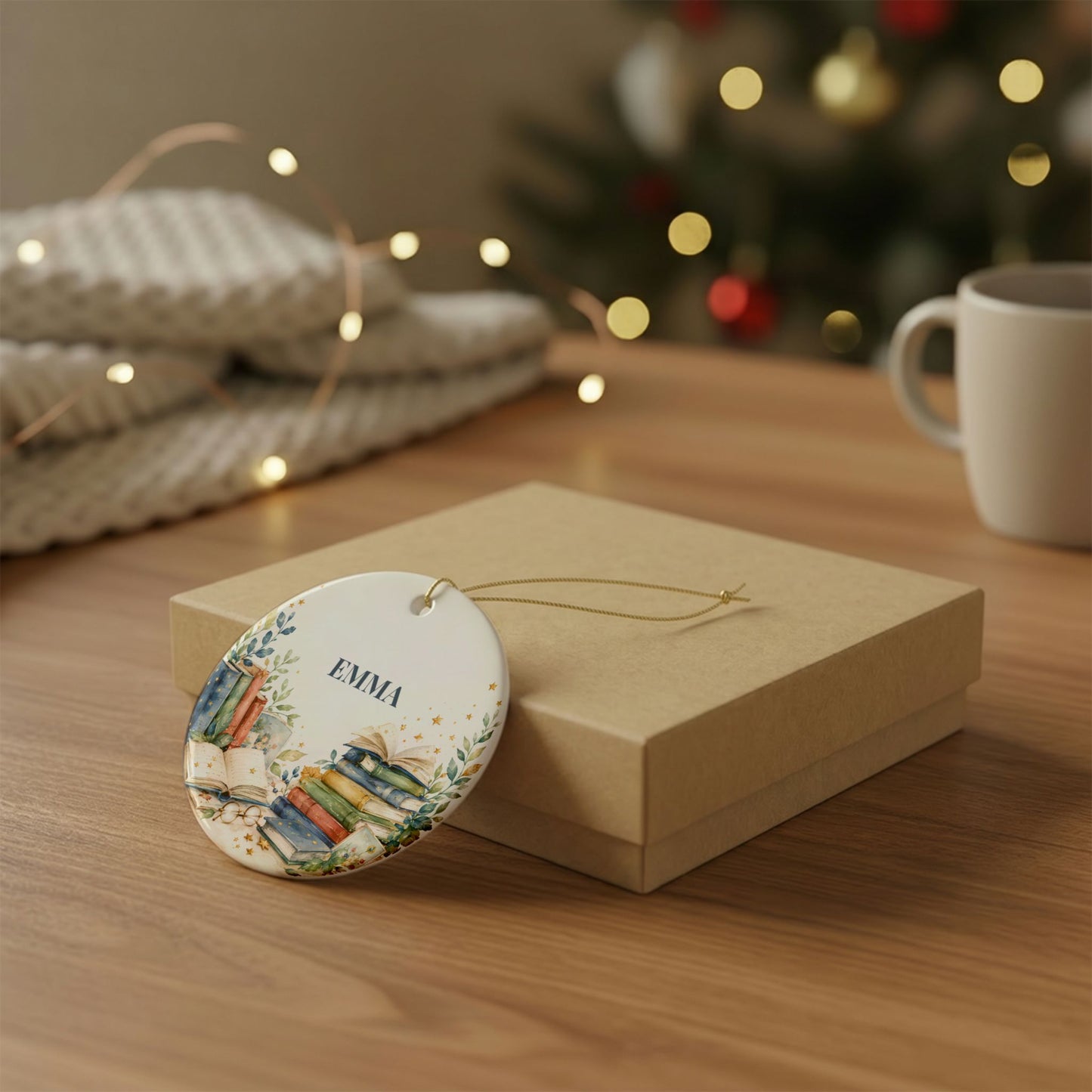 Personalized Book Lover Ceramic Ornament - Custom Name Bookstack Decoration