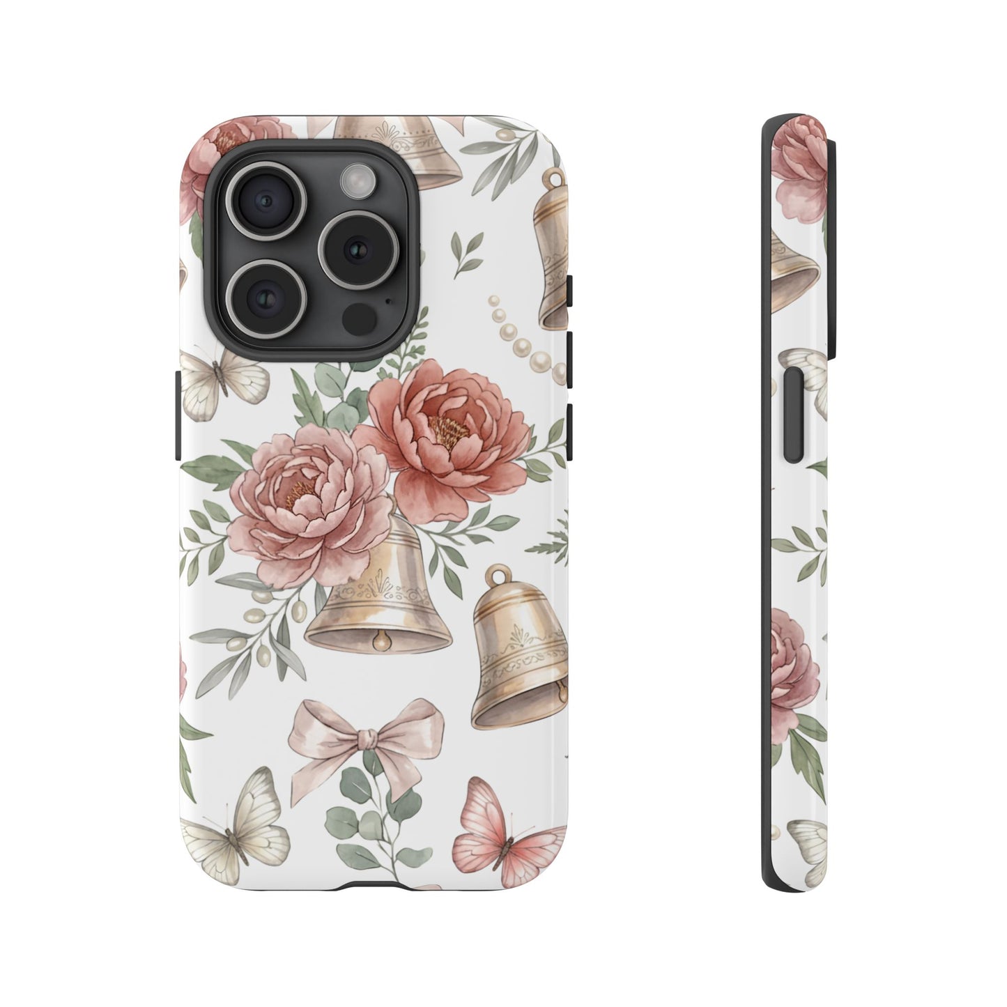 Floral Wedding Bells Phone Case — Vintage Roses, Butterflies & Bow Protective Tough Case