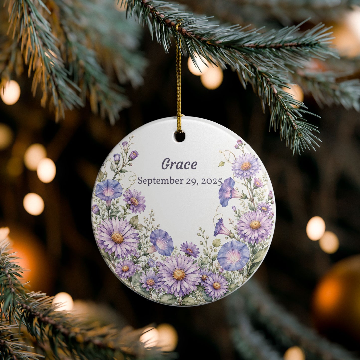 Personalized Ceramic Ornament — Purple Wildflower Memorial or Keepsake Ornament (Name & Date)