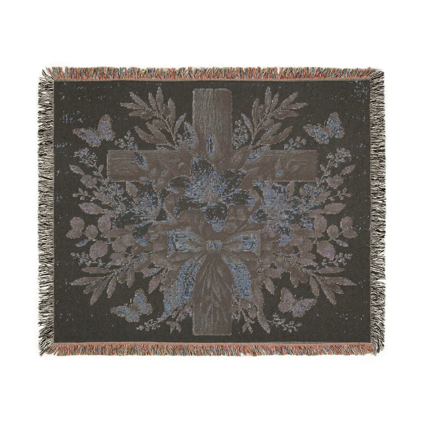 Woven Blanket — Floral Cross Tapestry Throw (Easter / Religious Home Décor)