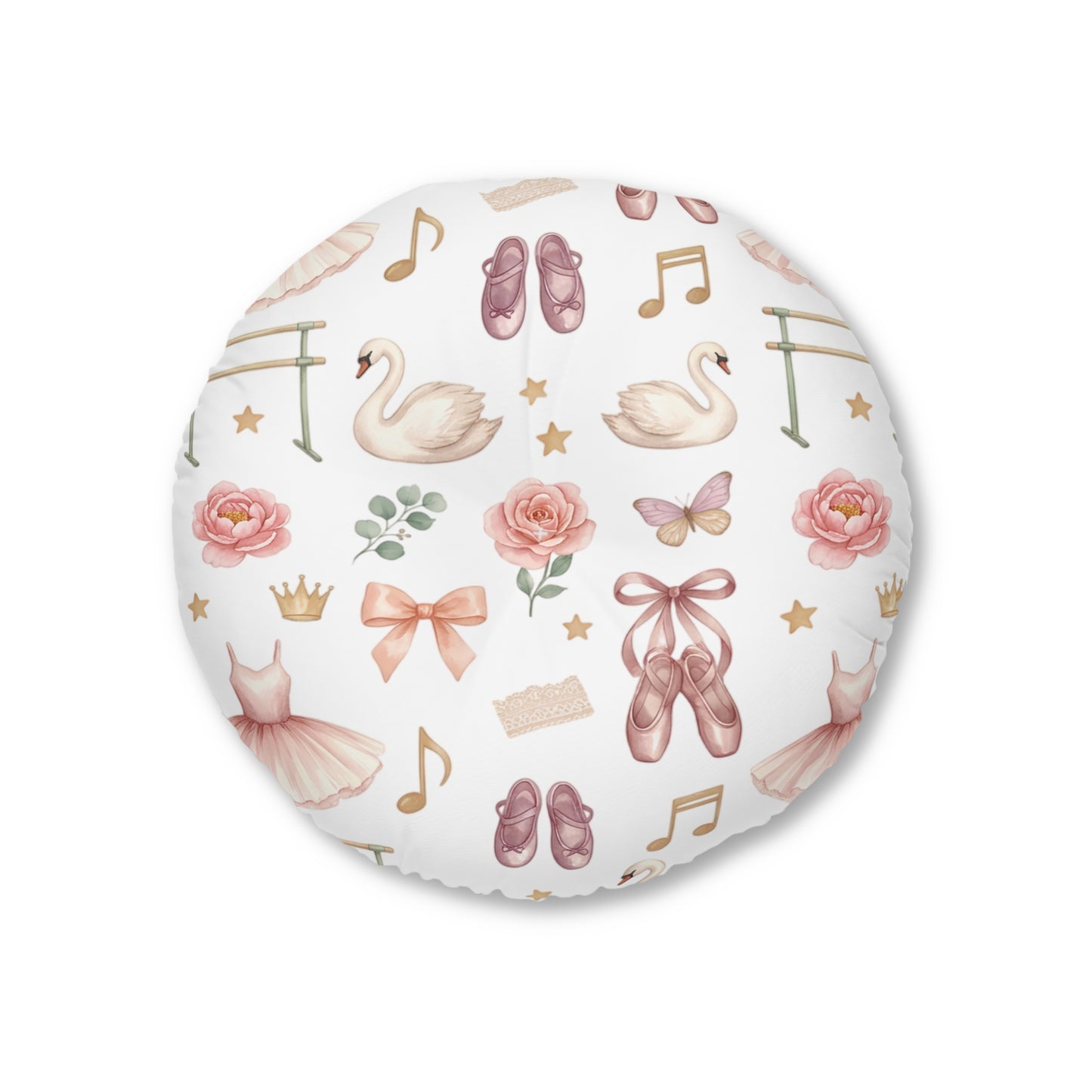 Ballet Bow Tufted Round Floor Pillow – Pink Swan Dance Pattern