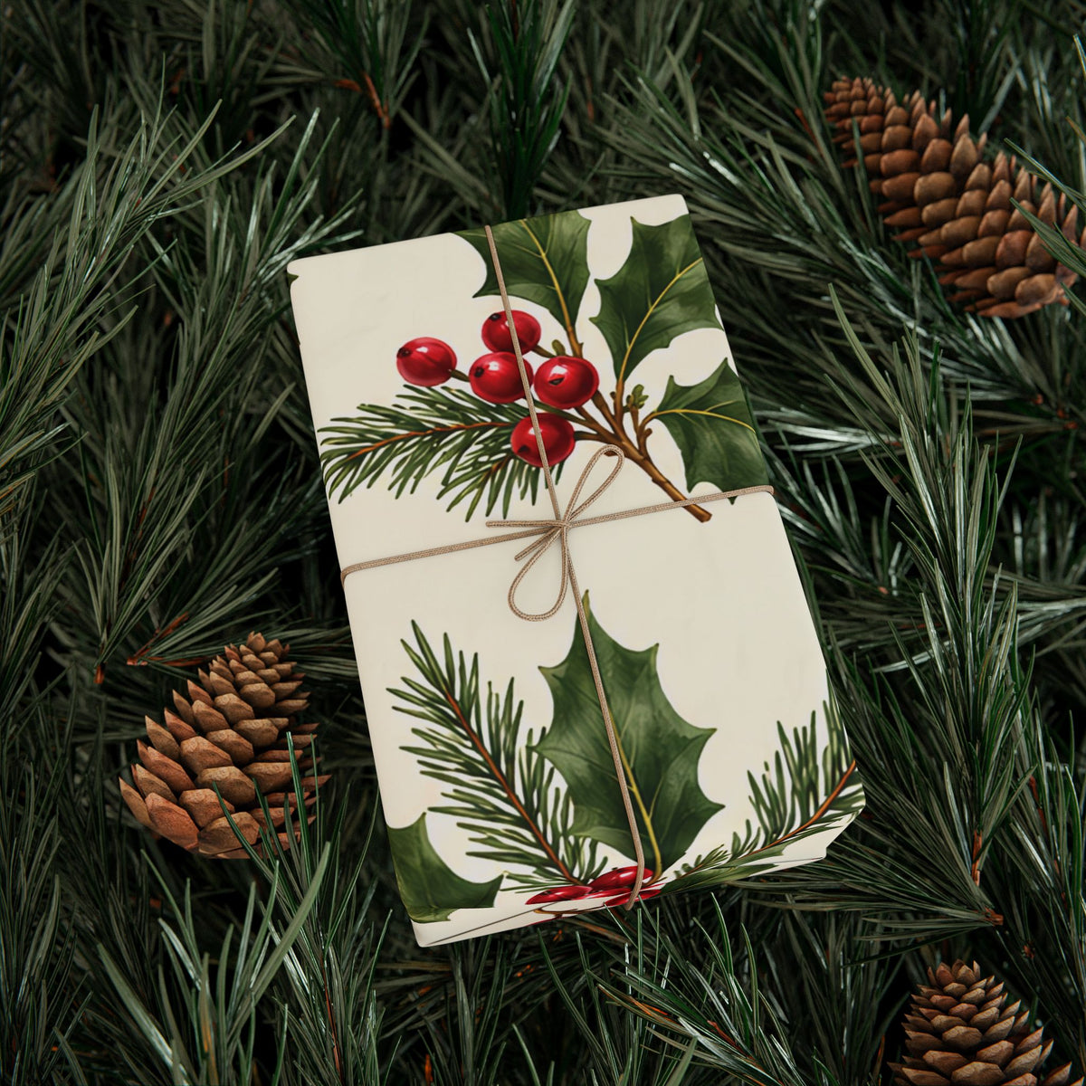 Christmas Pine & Holly Gift Wrapping Paper Roll