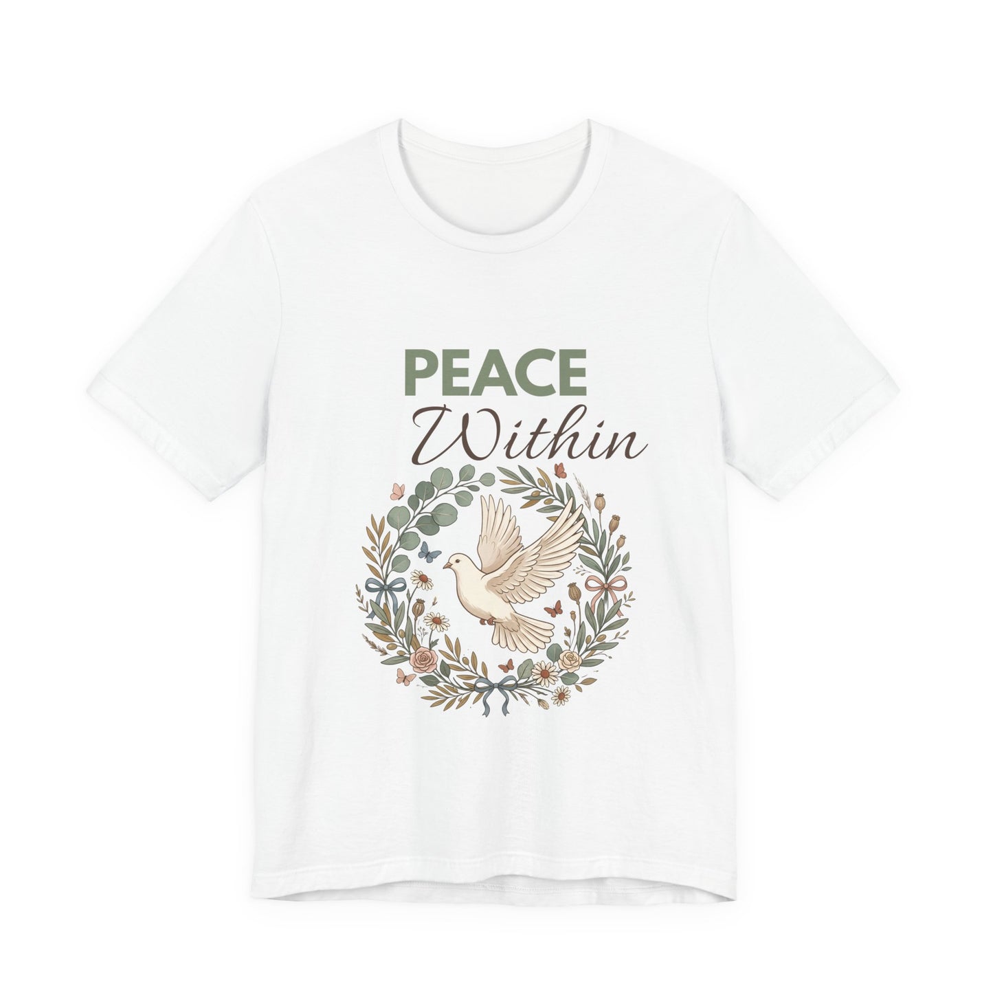White t-shirt with 'Peace Within' text and dove design on a white background