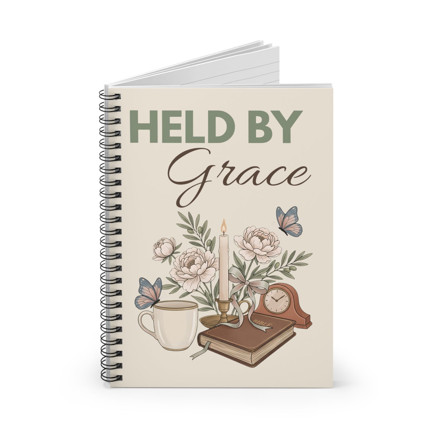 Held by Grace Spiral Notebook — Floral Faith Journal, Inspirational Ruled Notebook for Prayer, Bible Study, Gifts