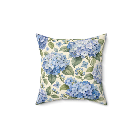 Blue Hydrangea Floral Throw Pillow — Cottage Garden Decorative Pillow