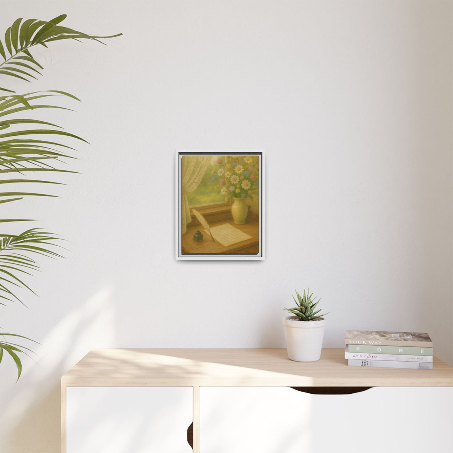 Sunlit Writing Desk – Framed Matte Canvas Art of Quill, Flowers & Lace Window