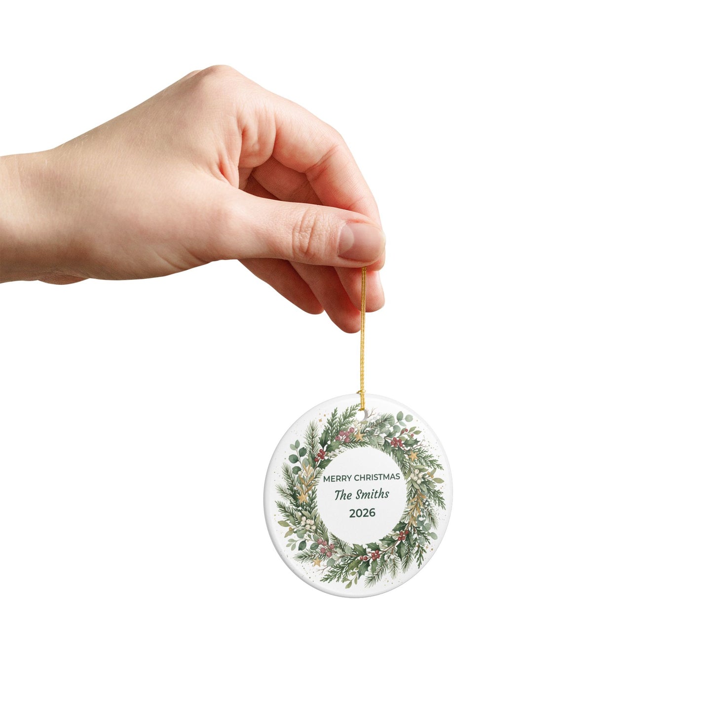 Personalized Ceramic Christmas Ornament – Green Holiday Wreath, 'Merry Christmas The Smiths'