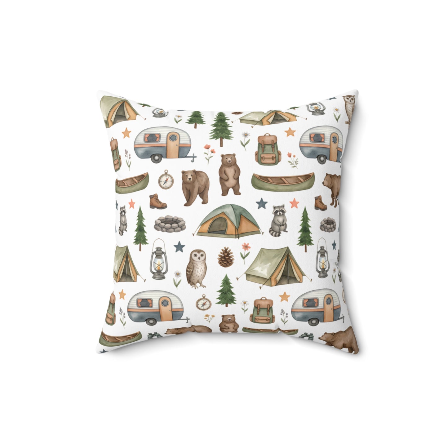 Camping Pattern Square Pillow — Bear, Tent & Camper Decorative Throw Pillow