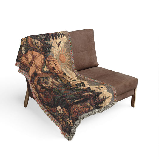 Golden Retriever Cabin Woven Blanket — Rustic Mountain Dog Throw