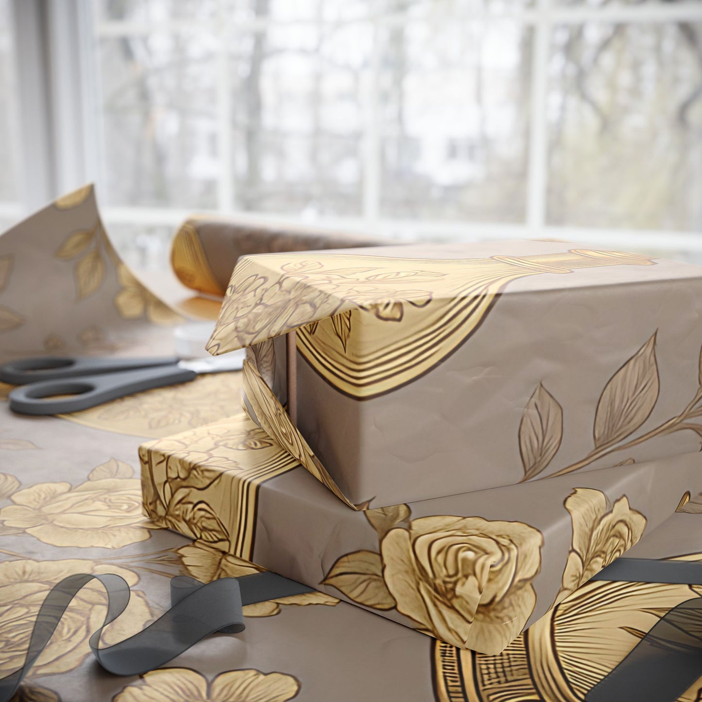 Vintage Perfume Bottle Wrapping Paper – Elegant Gold Floral Gift Wrap in Glossy or Matte