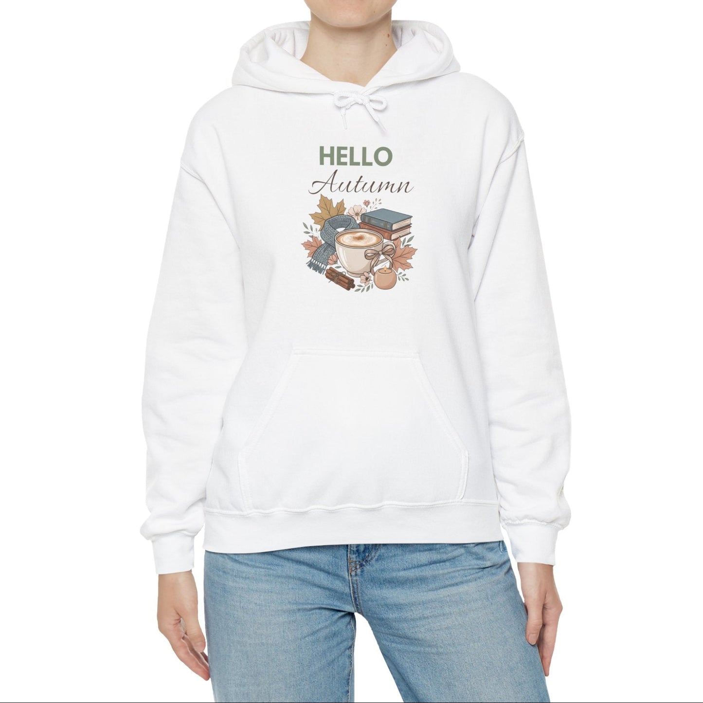 Hello Autumn Hoodie – Cozy Fall Coffee & Leaves Sweatshirt