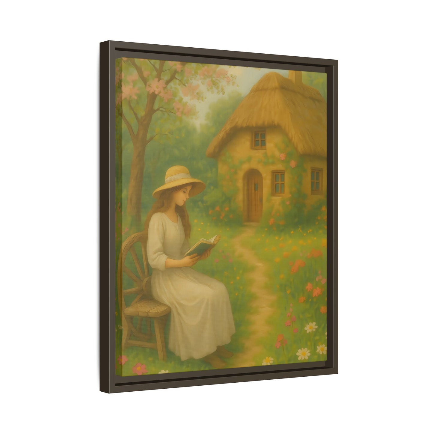 Cottage Garden Reader – Framed Matte Canvas Wall Art of Woman Reading by a Thatched Cottage