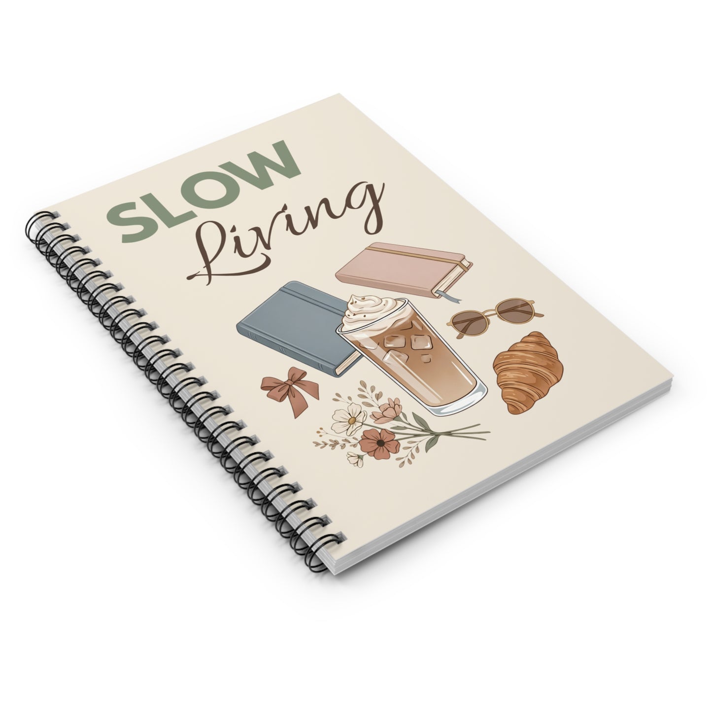 Slow Living Notebook — Ruled Spiral Journal with Cozy Coffee & Books Design