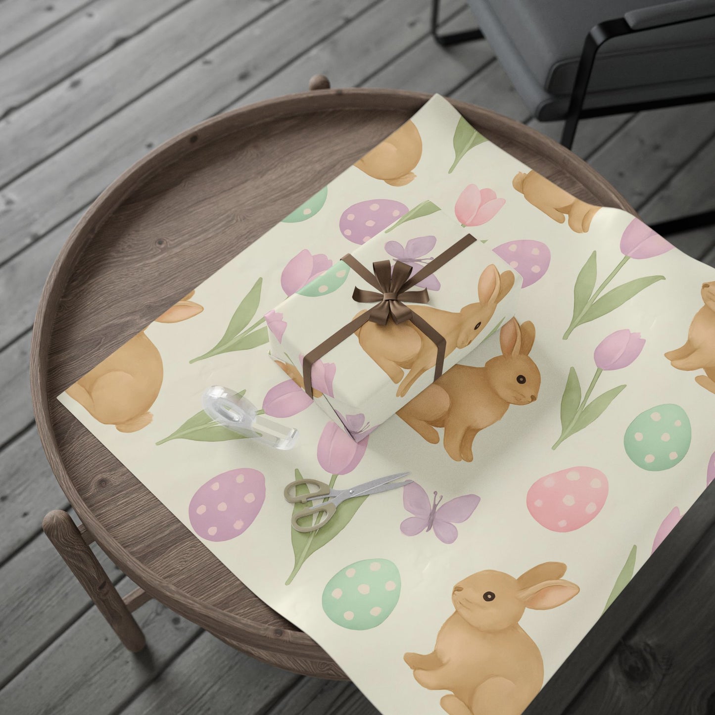 Pastel Easter Wrapping Paper – Bunnies, Eggs, Tulips & Butterflies on Cream Background