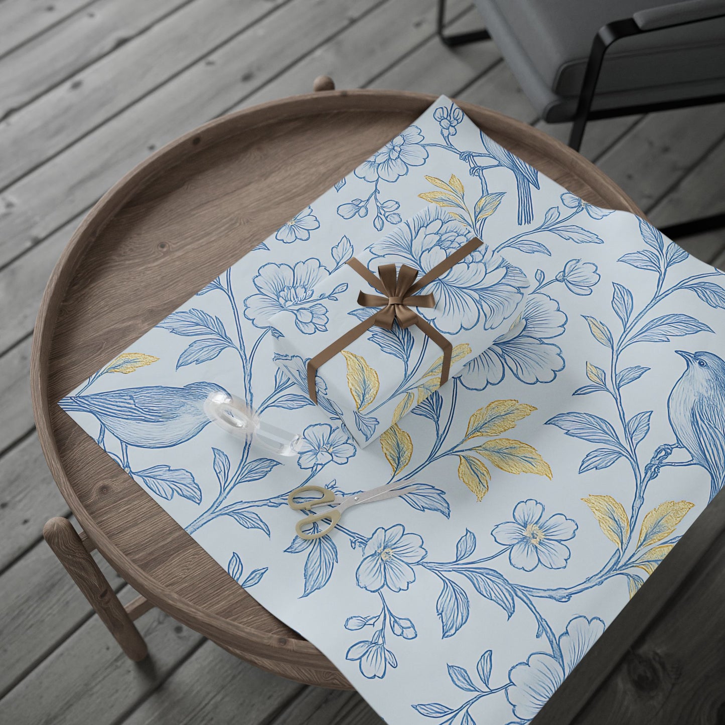 Blue Bird & Floral Wrapping Paper – Elegant Nature-Inspired Gift Wrap in Glossy or Matte Finish