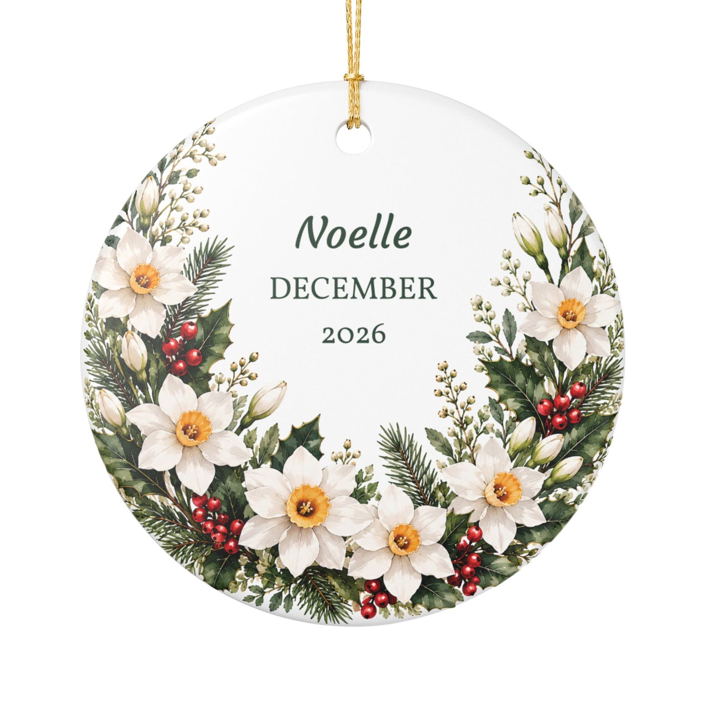 Personalized Christmas Ornament - Floral Wreath Ceramic Holiday Decoration (Name & Month/Year)